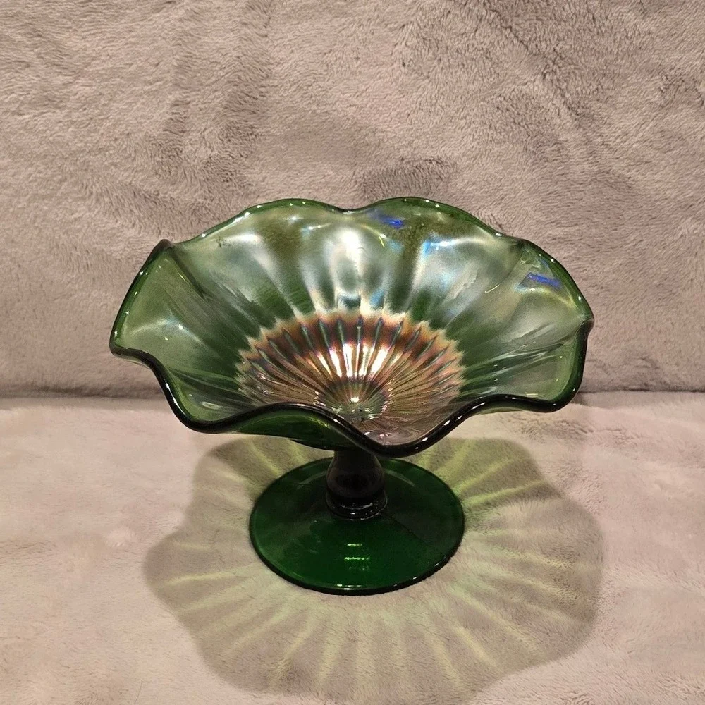 Vintage Green Carnival Glass Ruffled Pedestal Compote Dish Iridescent Fluted  4